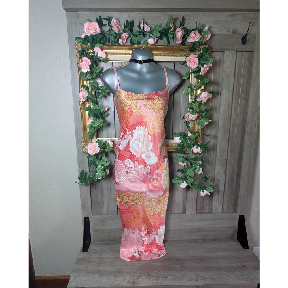 Natori Y2K Pink Floral Slip Dress | Satin Asian-Inspired Midi Dress | Size M